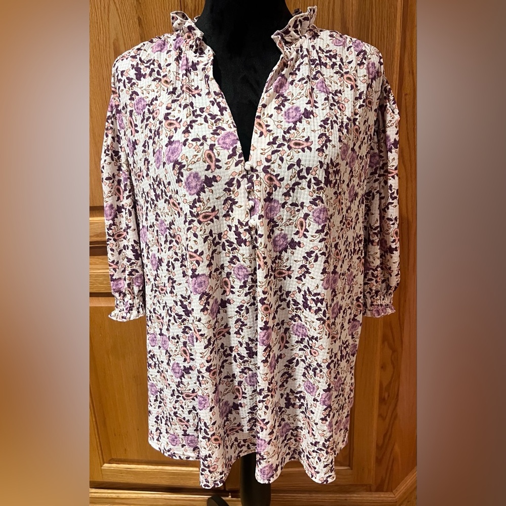 MELLODAY Floral Print Ruffle Short Sleeve Smocked Blouse in Ivy Purple Size 2X
